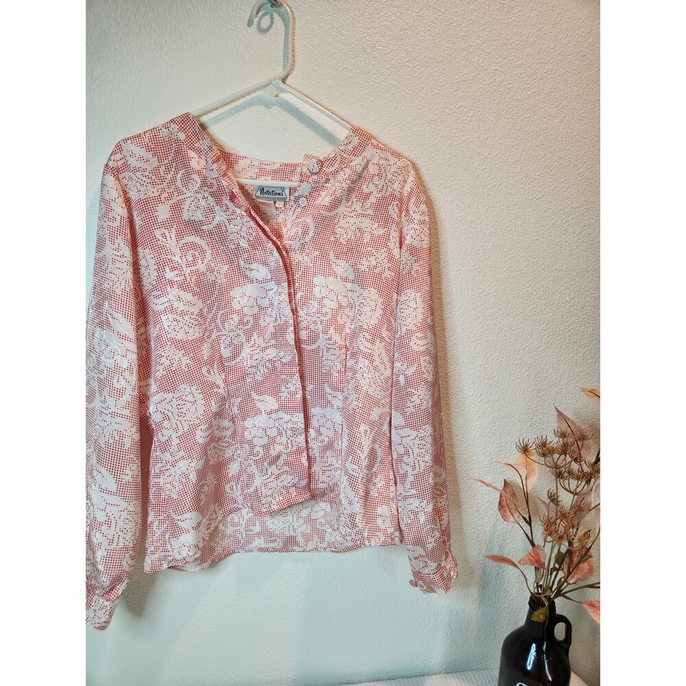 Vintage Notations Red‎ White Button Front Blouse Size 8 Long Sleeve Retro 80s